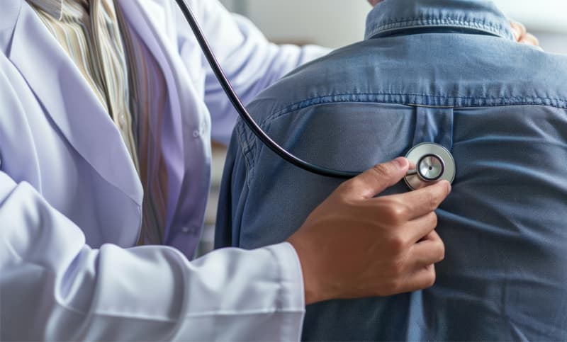 Doctor in a white coat using a stethoscope to listen to a patient’s back during a medical examination.