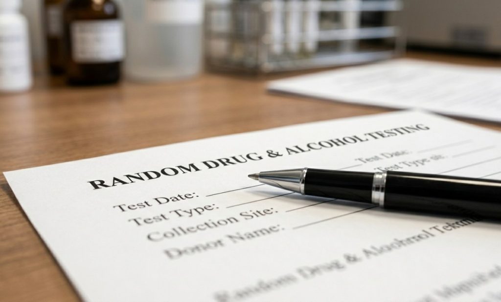 Close‑up of a random drug and alcohol testing form with a pen resting on it, surrounded by laboratory bottles and equipment on a wooden desk.