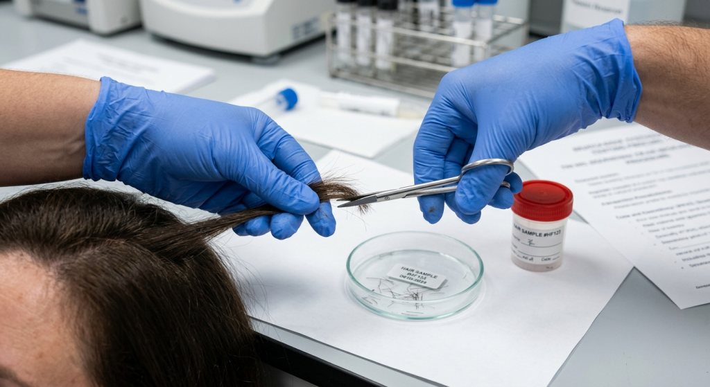 Laboratory technician wearing blue gloves cutting a strand of hair from a person’s head with scissors, preparing a sample for analysis in a petri dish.