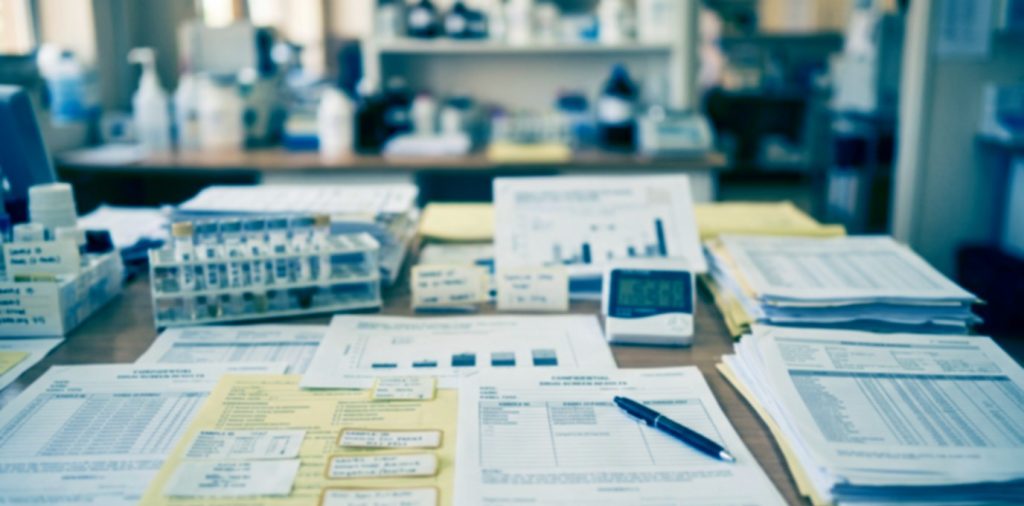 Laboratory desk covered with scientific documents, charts, and test tube racks, showing data analysis and paperwork.