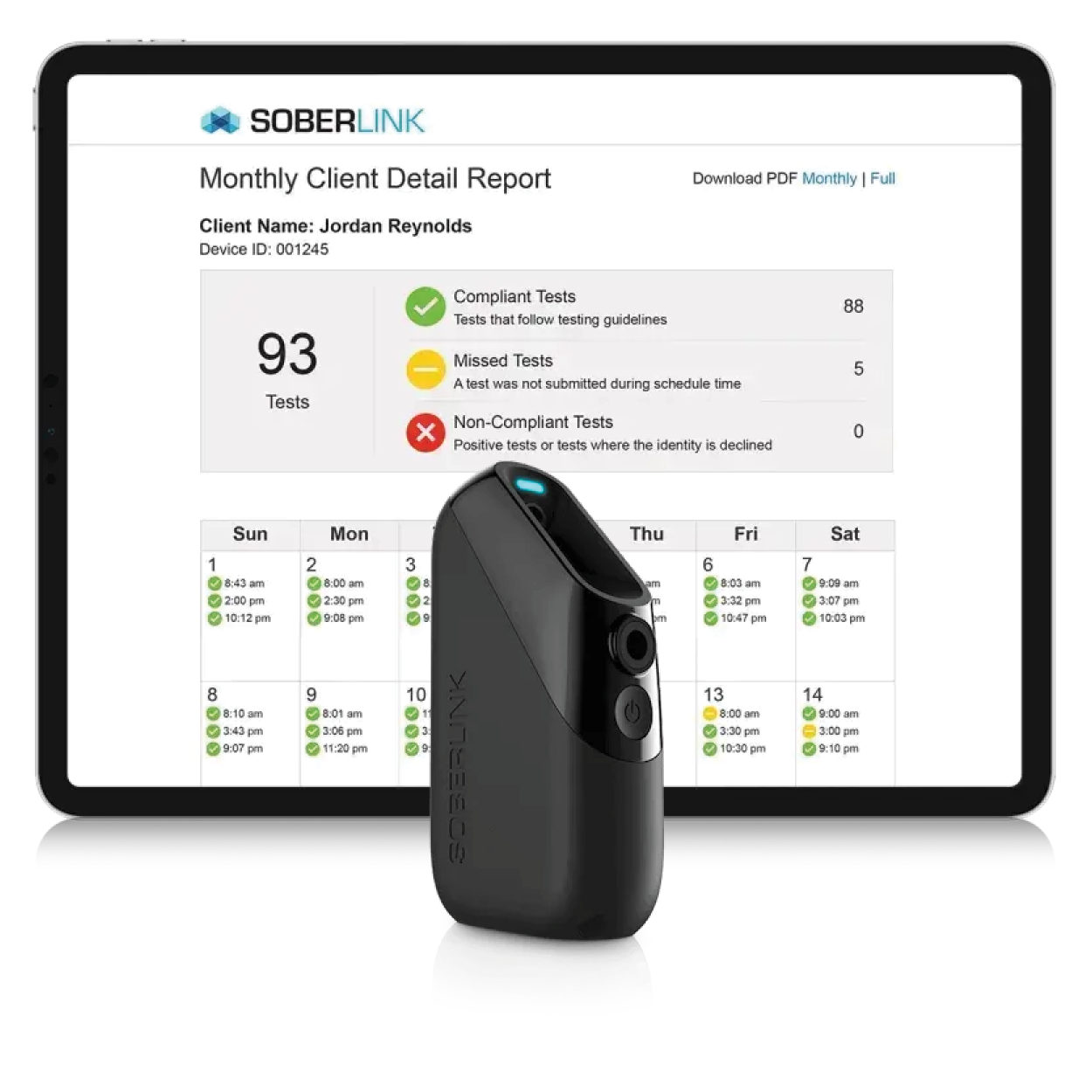 Tablet displaying a SOBERLINK monthly client detail report with compliance statistics and calendar of test results, positioned behind a black handheld breathalyzer device.